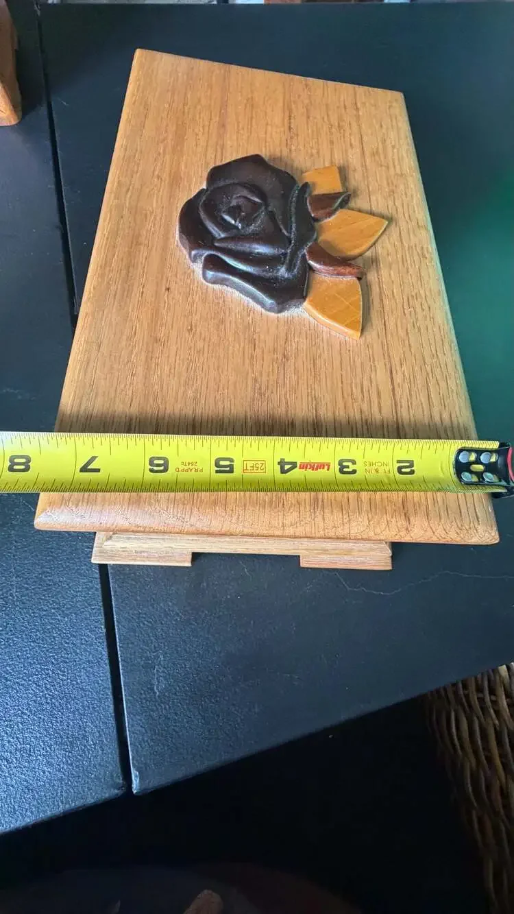 Vintage Wooden Jewelry Box with Rose Carving and Red Velvet Lining